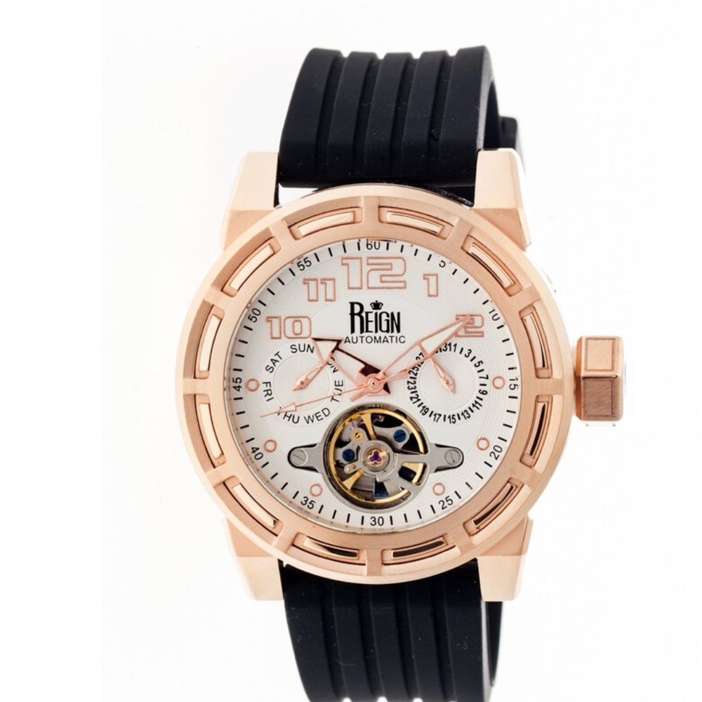 REIGN Rothschild White Semi-Skeleton rose gold automatic Dial Men's Watch